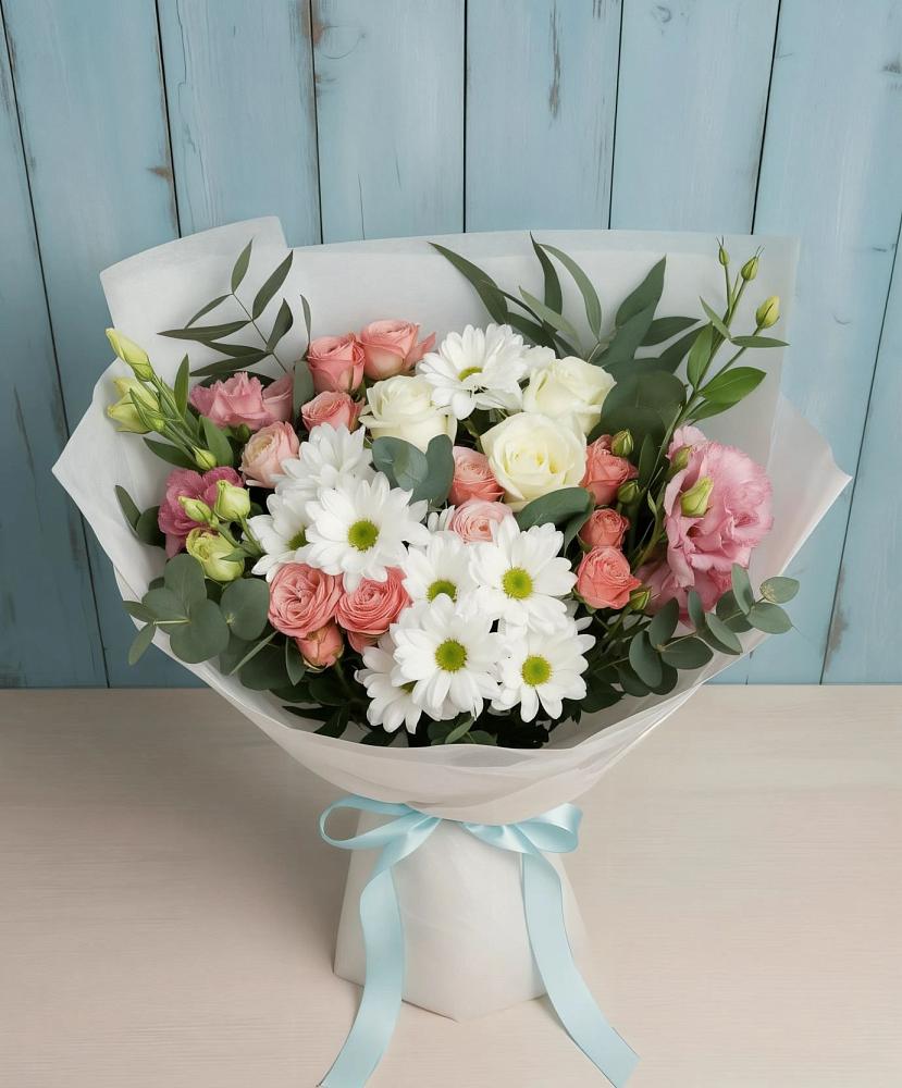 Букет цветов из: Розы, Лизиантусы и Хризантемы в Урус-Мартане