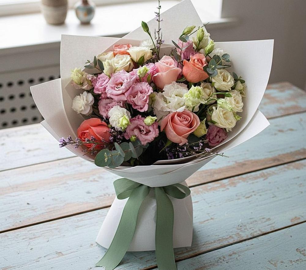 Букет цветов из: Розы, Лизиантусы и Гвоздики в Урус-Мартане