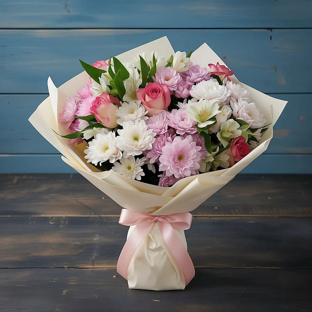 Букет цветов из: Хризантемы, Альстромерии и Розы в Урус-Мартане